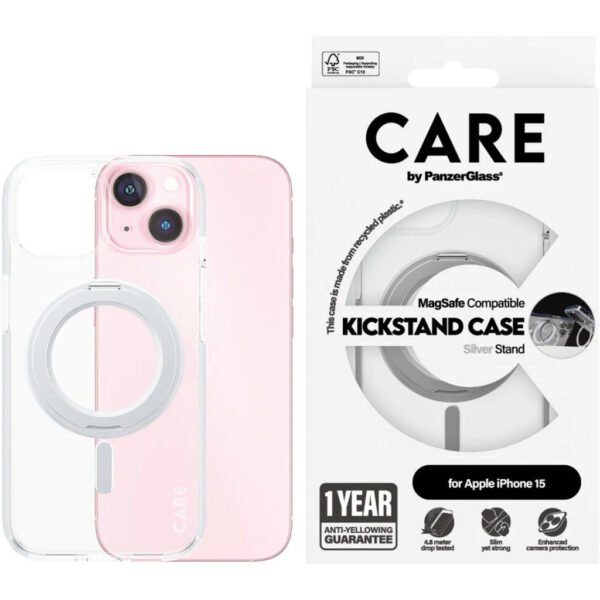 CARE by PanzerGlass Feature Case Transparent w. Silver Kickstand & MagSafe iPhone15