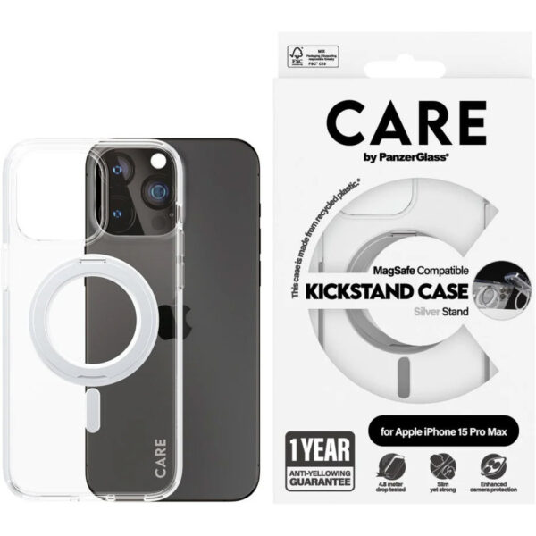 CARE by PanzerGlass Feature Case Transparent w. Silver Kickstand & MagSafe iPhone15 Pro Max