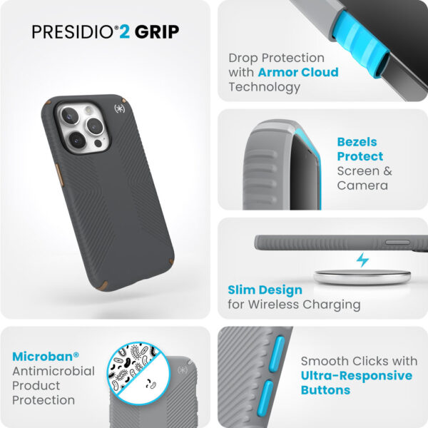 Speck Presidio2 Grip Apple iPhone 15 Pro Charcoal Grey -  with Microban - Afbeelding 12